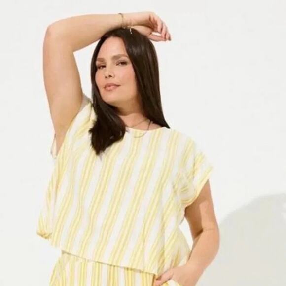 Torrid Yellow Striped Linen Cross Back Short Sleeve Crop Top Plus Size - Picture 1 of 11